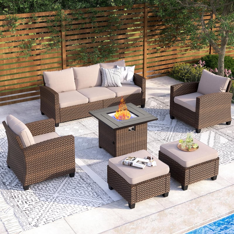 7/9-Seat Patio Furniture Wicker Rattan Outdoor High-back Sectional Sofa Conversation Set with Firepit Table - 7 Seats + 32" Fire Pit - Beige