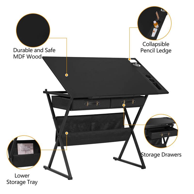 Javlergo Drafting Table Drawing Table Artist Desk Tilting Tabletop Art Craft Desk 2 Storage Drawers and Stool for Home Office