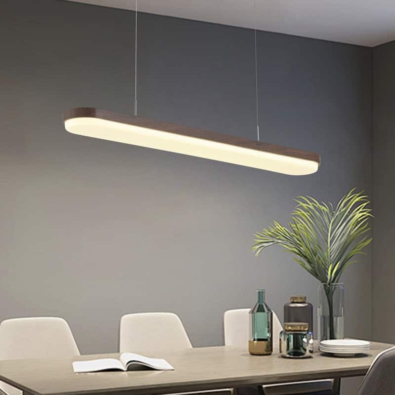 Modern Linear Pendant Light 38.5 Inch Walnut Wood Grain Iron Fixture with Milky White PVC Shade