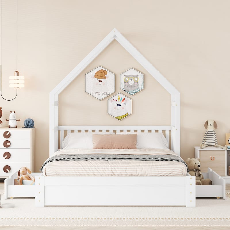 House Platform Bed with Guardrail and 2 Drawers