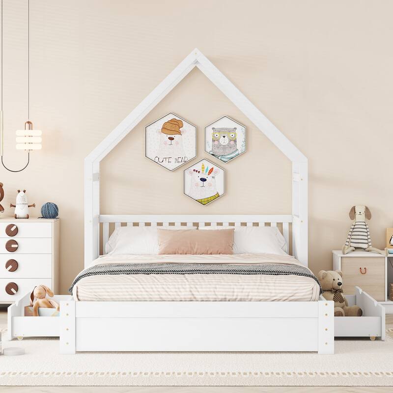 Queen Size House Platform Bed with Guardrail and Storage Drawers, White
