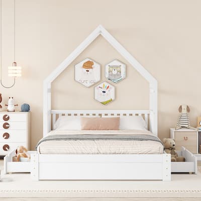 Wooden Queen Size House Bed Frame with 2 Storage Drawers, Solid Pinewood Queen Platform Bed with House Shaped Headboard