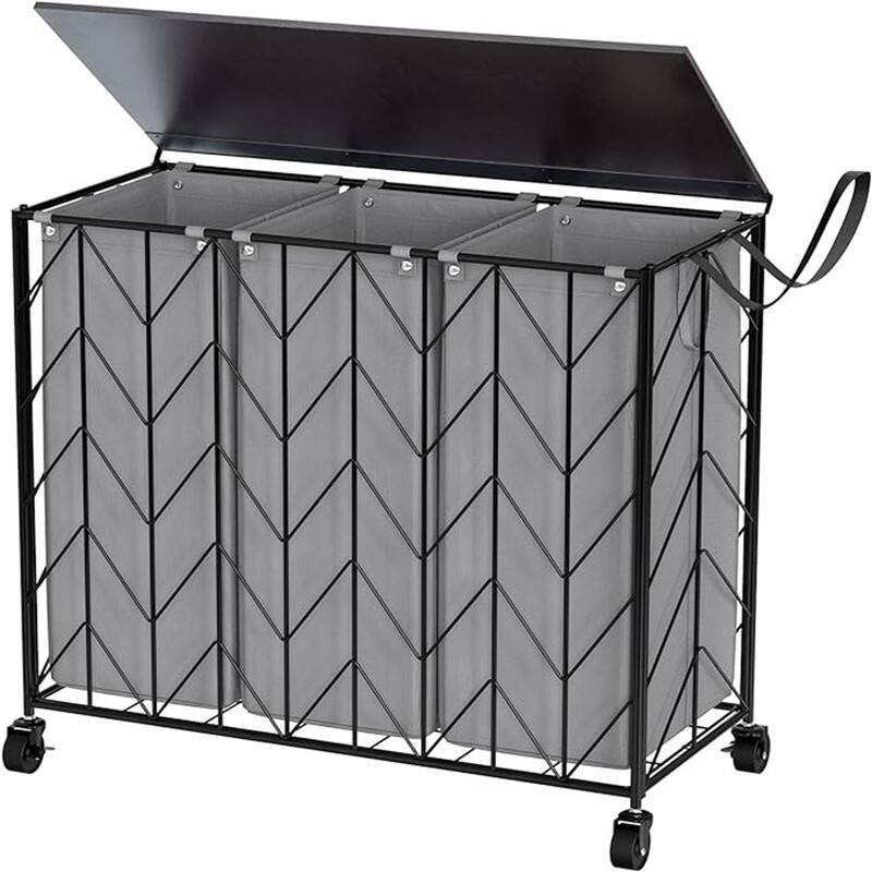 Laundry Basket with Wheels, 142L Laundry Hamper 3 Section with Lid - 28.35"L x 13"W x 26.4"H - Grey