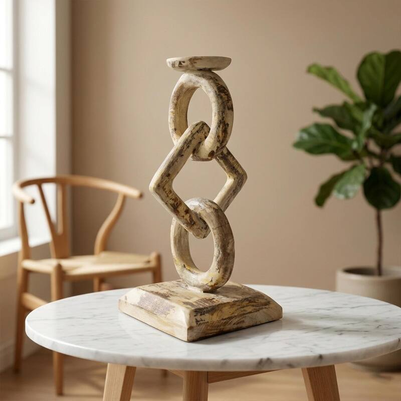 Wood Chain Link Candle Holder - Hand Carved Rustic Whitewashed Candle Stand, Decorative Accent
