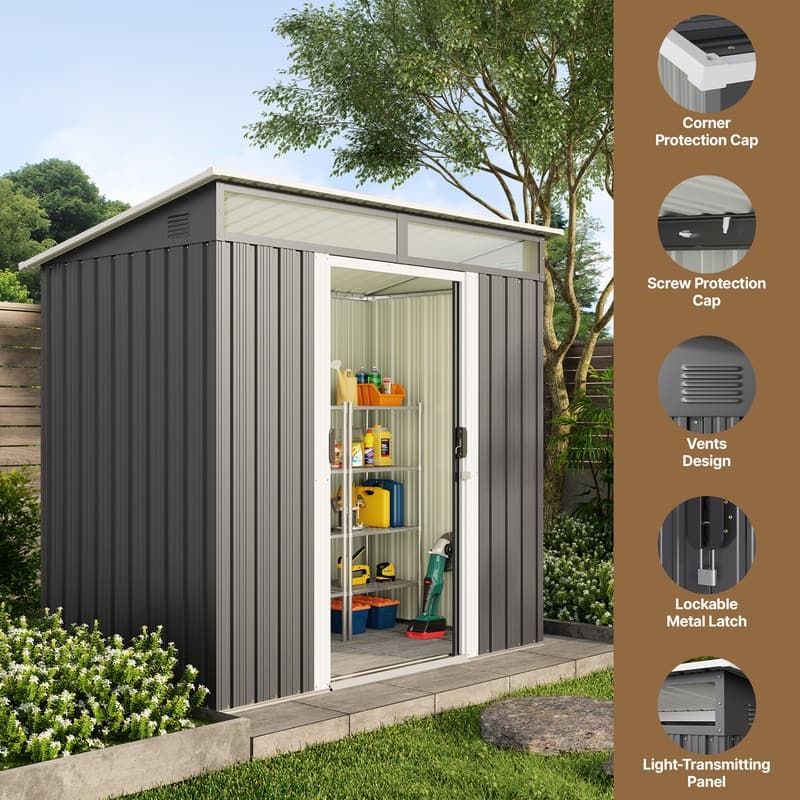 6' x 4' / 8' x 6' Outdoor Storage Shed, Galvanized Metal Garden Shed with Double Lockable Doors