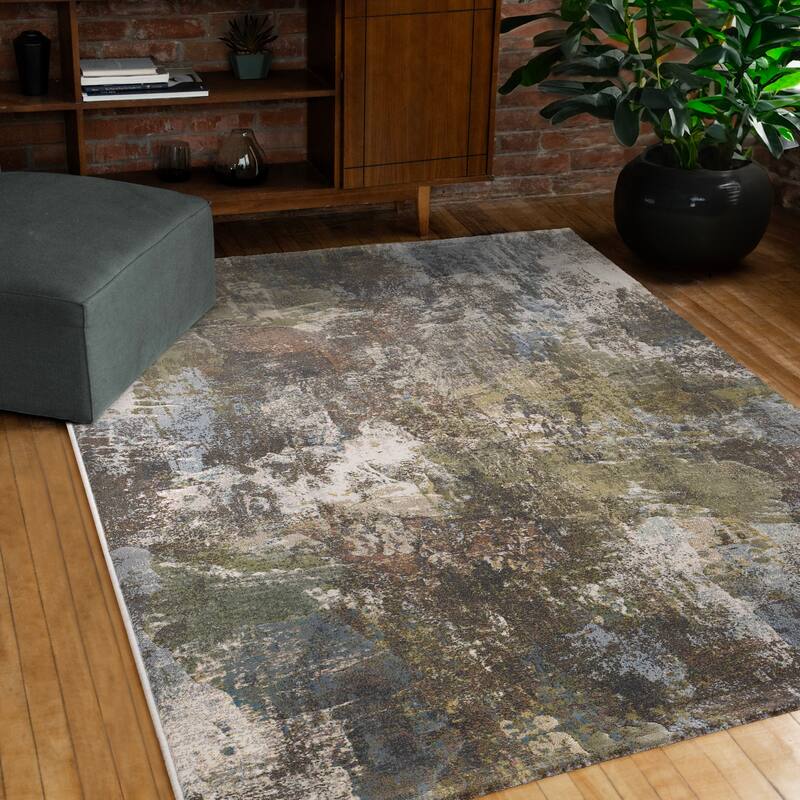 Grey Blue Green Pink Distressed Area Rug