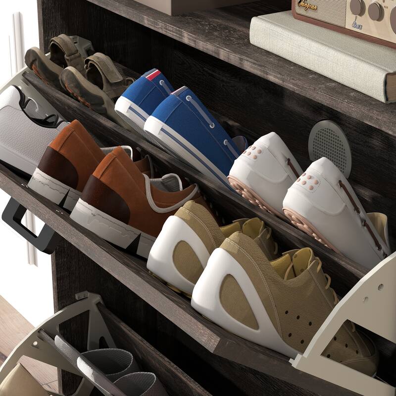 Shoe Storage Cabinet with Barn Door Design,Shoe Organizer with 2 Flip Drawers,Freestanding Narrow Shoe Rack Cabinet with Hooks