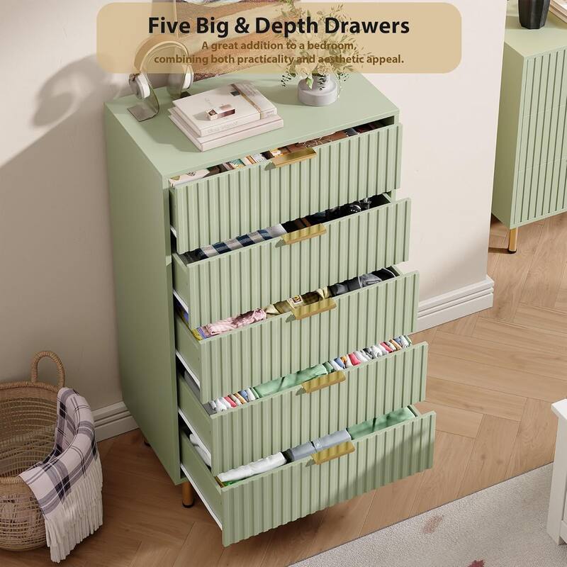 Fluted 5 Drawer Deep Dresser for Bedroom, Living Room, Hallway, Kids Room