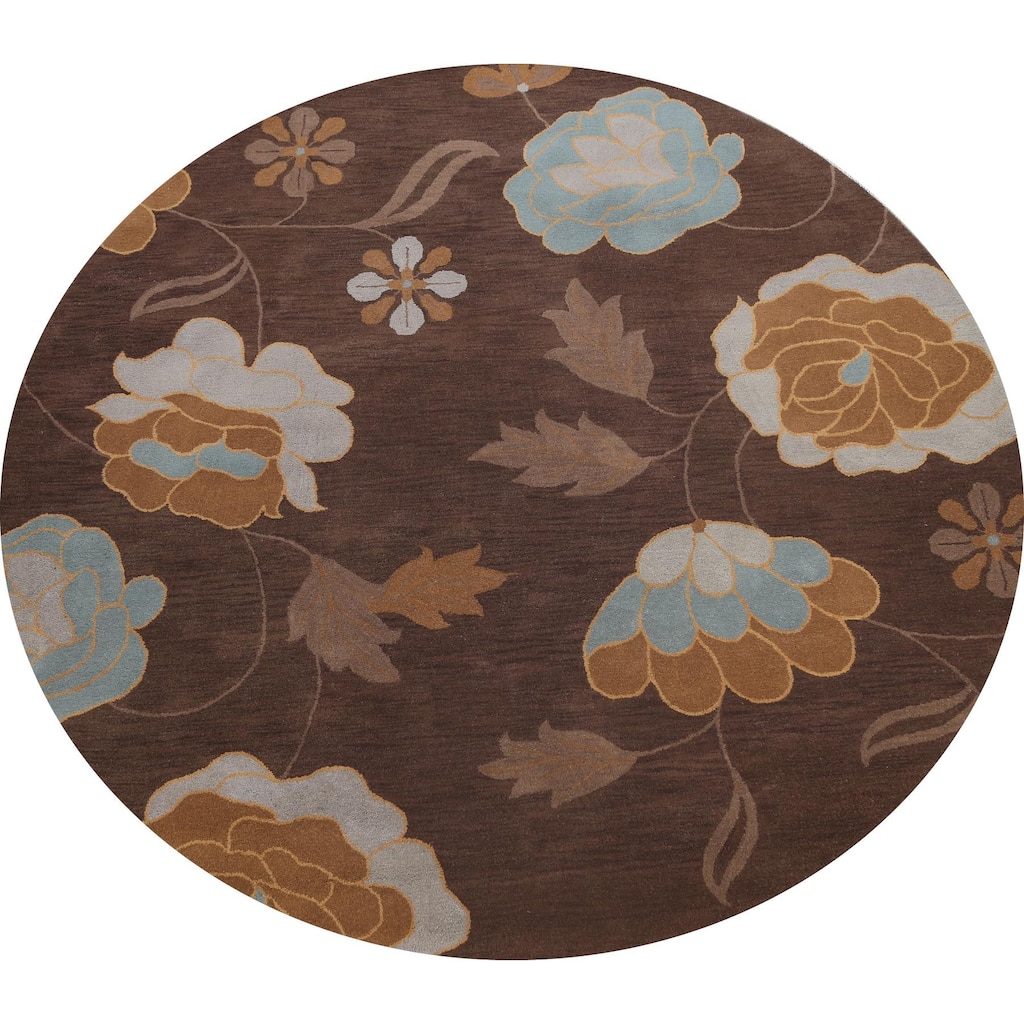 Brown Contemporary Floral Oriental Area Rug Hand-tufted Wool Carpet - 10'0" x 10'0" Round