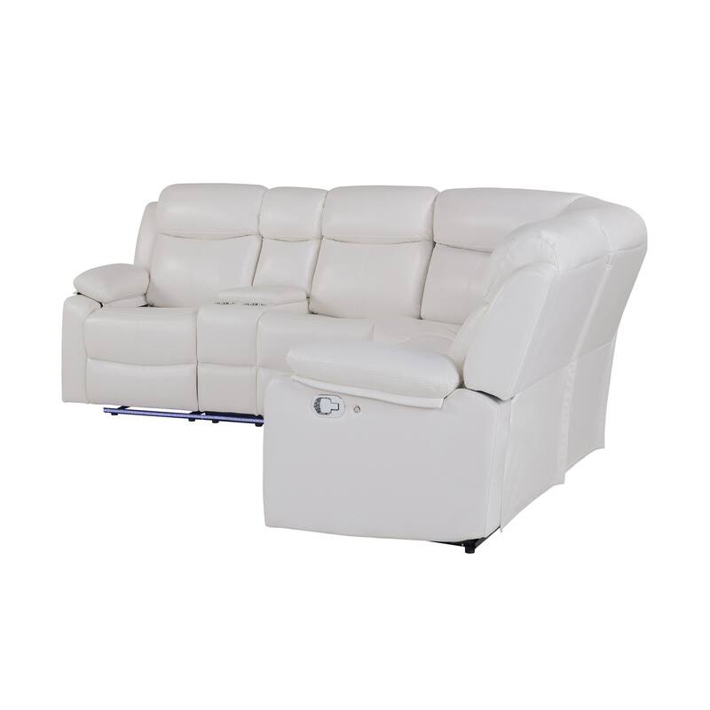 HomeRoots Off White Faux Leather Reclining Curved Six Piece Sectional With LED And Console