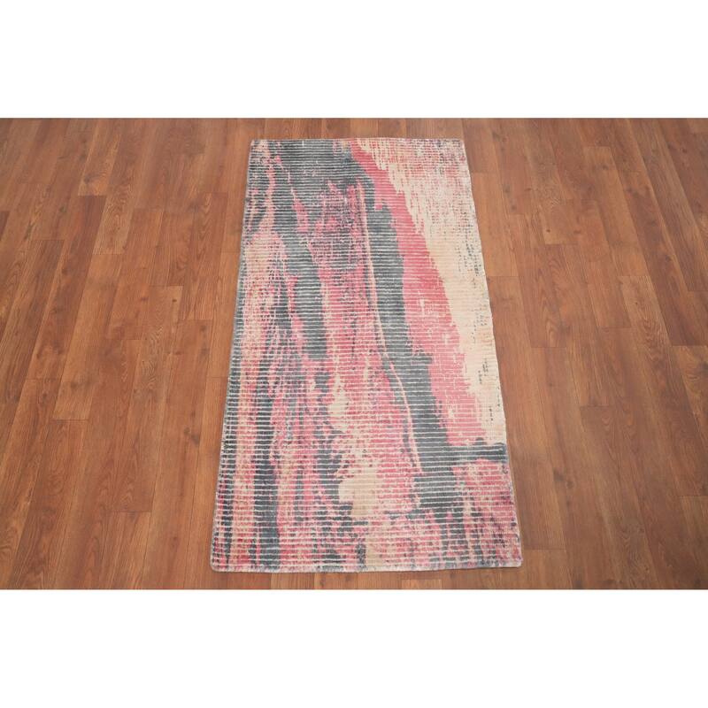 Hand Knotted Oriental Viscose Silk Carpet Modern All-Over Pink Abstract Area Rug - 4' 0'' X 2' 0''