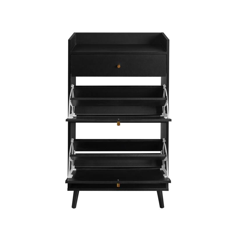 Anmytek Black Rattan Shoe Cabinet with Flip Doors 43 Inch Entryway Storage Organizer