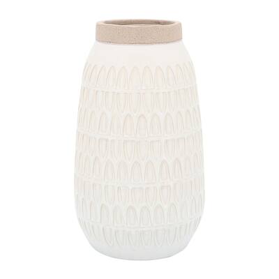 Ceramic 10"h Carved Vase, Beige 10.0"H