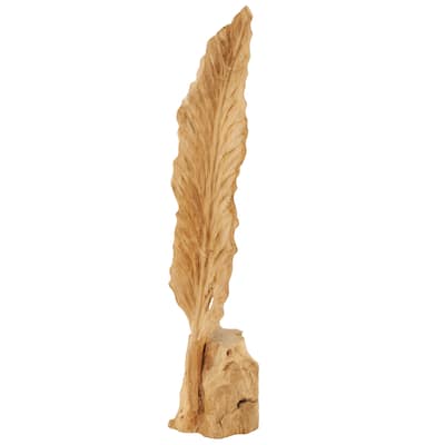 Teak Wood Leaf Live Edge Floor Sculpture with Tree Stump Base - Brown - Roche River Decor - 10"W x 9"L x 46"H