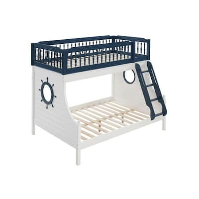 Twin Over Full Bunk Bed with Baluster Style Guardrails, White and Blue