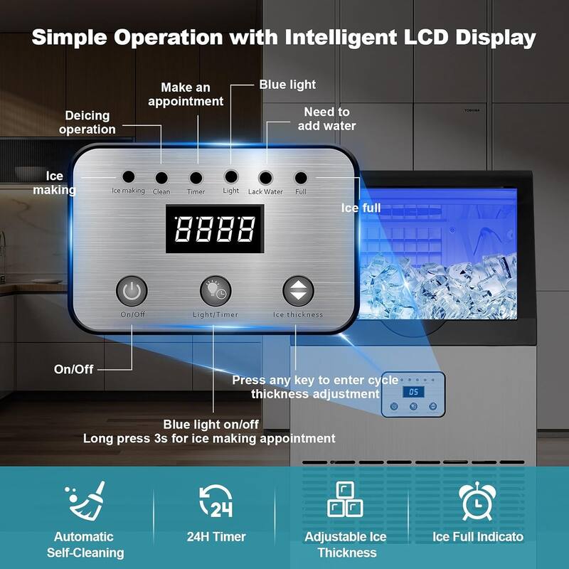 Commercial Ice Maker 100lbs/24H Ice Maker Machine Auto Self-Cleaning Digital Display Freestanding Ice Machine