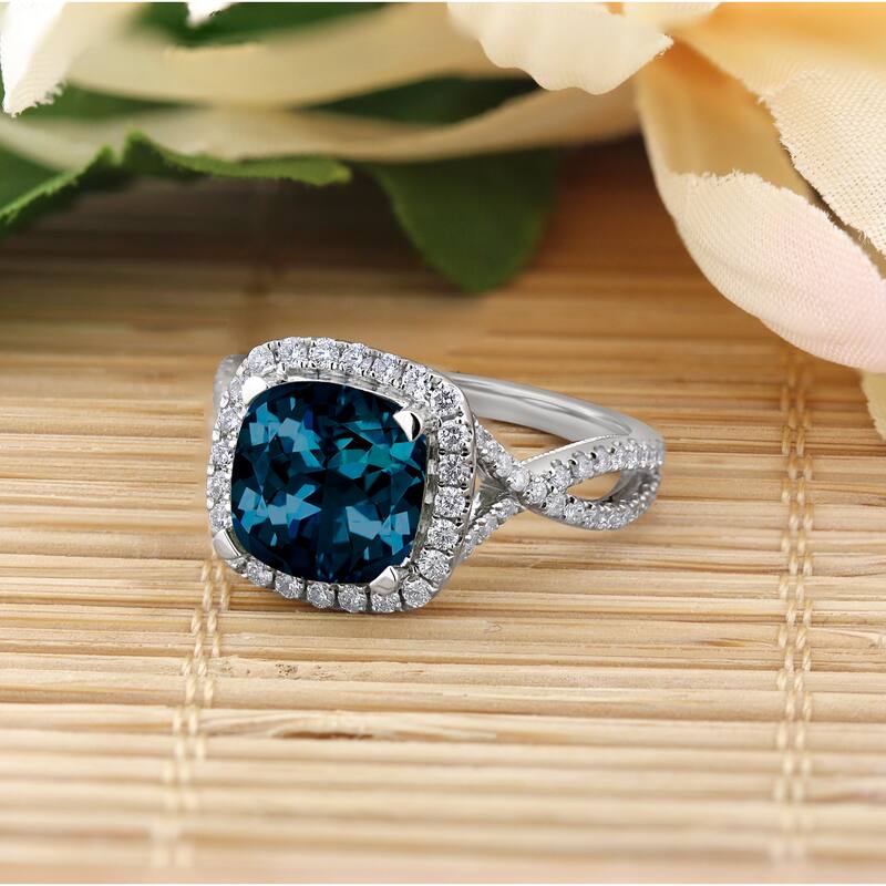 Auriya 3 1/8ct Cushion-cut London Blue Topaz and Halo Diamond Engagement Ring 1/2cttw 14k Gold