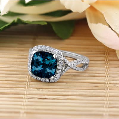 Auriya 3 1/8ct Cushion-cut London Blue Topaz and Halo Diamond Engagement Ring 1/2cttw 14k Gold