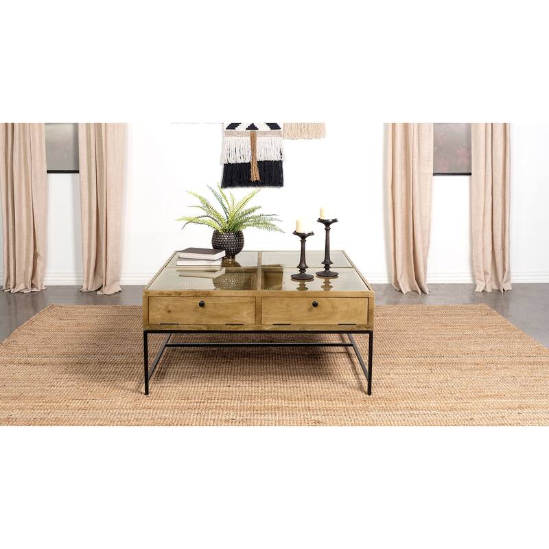 Stephie 4-drawer Square Glass Top Coffee Table Honey Brown