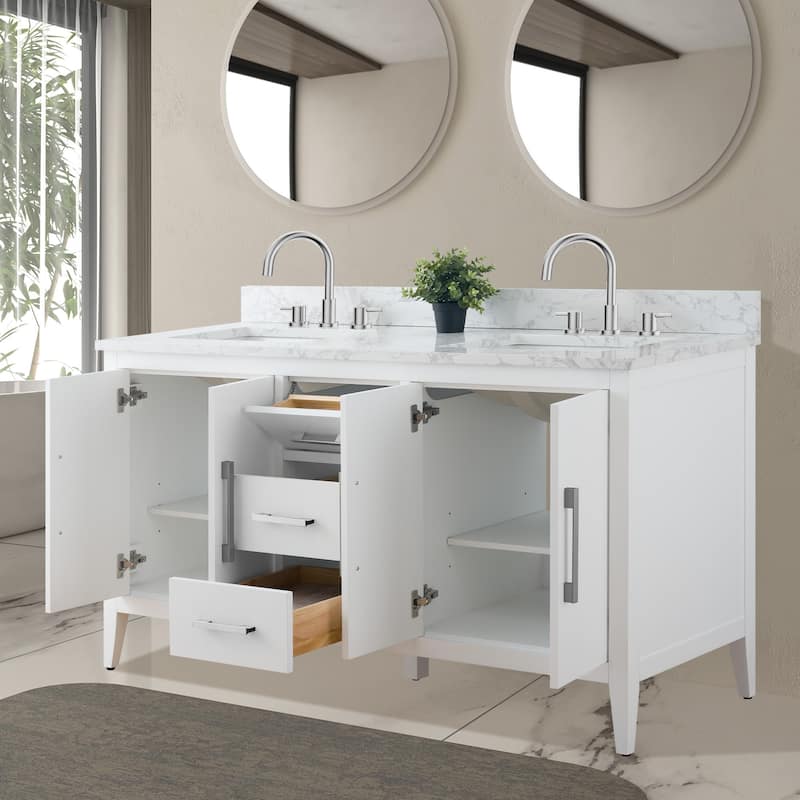 Vanity Art 60" Double Sink Bathroom Vanity Cabinet with Engineered Marble Top