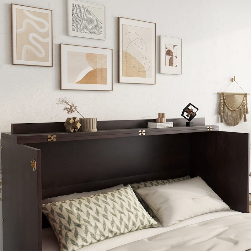 Queen Size Murphy Bed with Drawer Pine Wood Cabinet Bed with Power Station and Rattan Decoration Panel