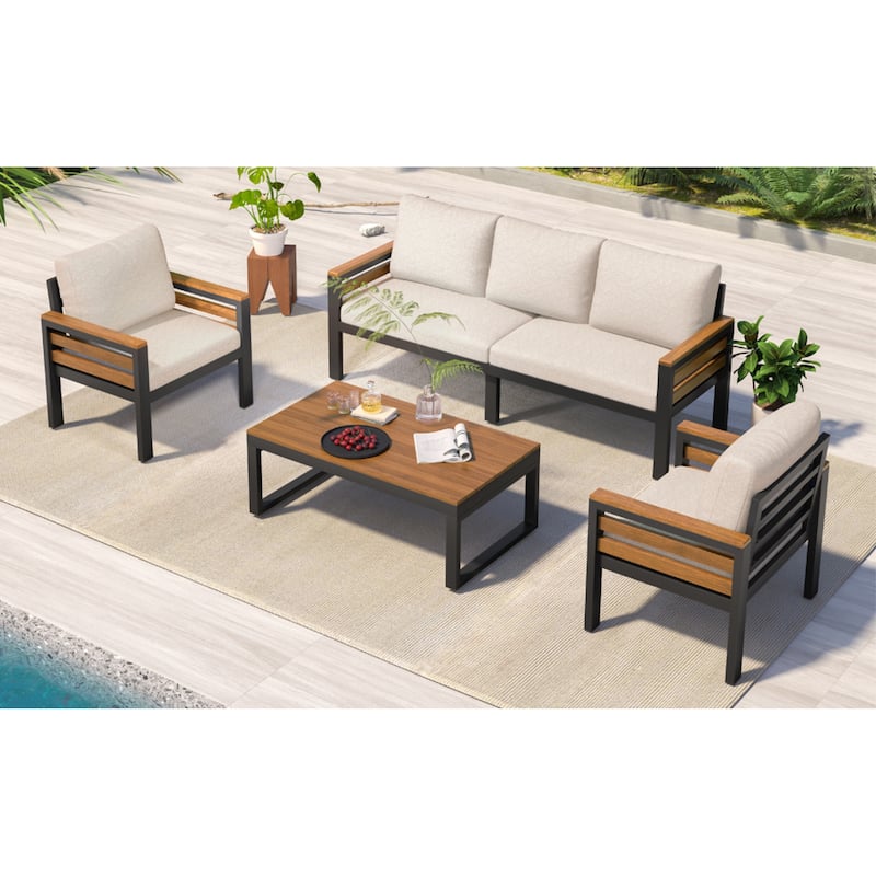 Roomfitters 4-Piece Outdoor Patio Furniture Set with 3-Seater Sofa, 2 Armchairs and Coffee Table, Wood Accents