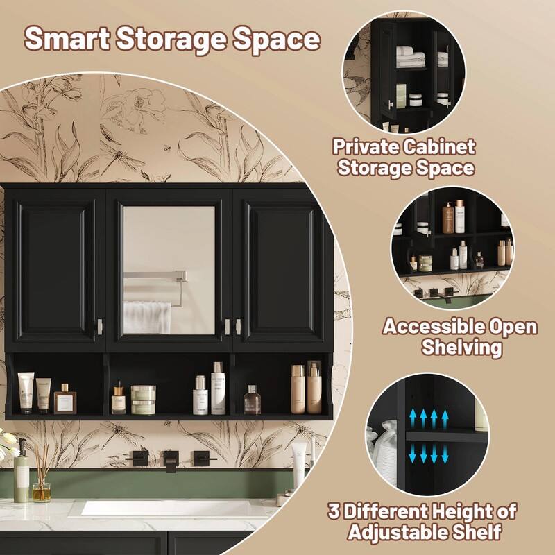 41-Inch Mirror Medicine Cabinet with Open Shelves, Wall-Mounted Storage with Doors & Mirror