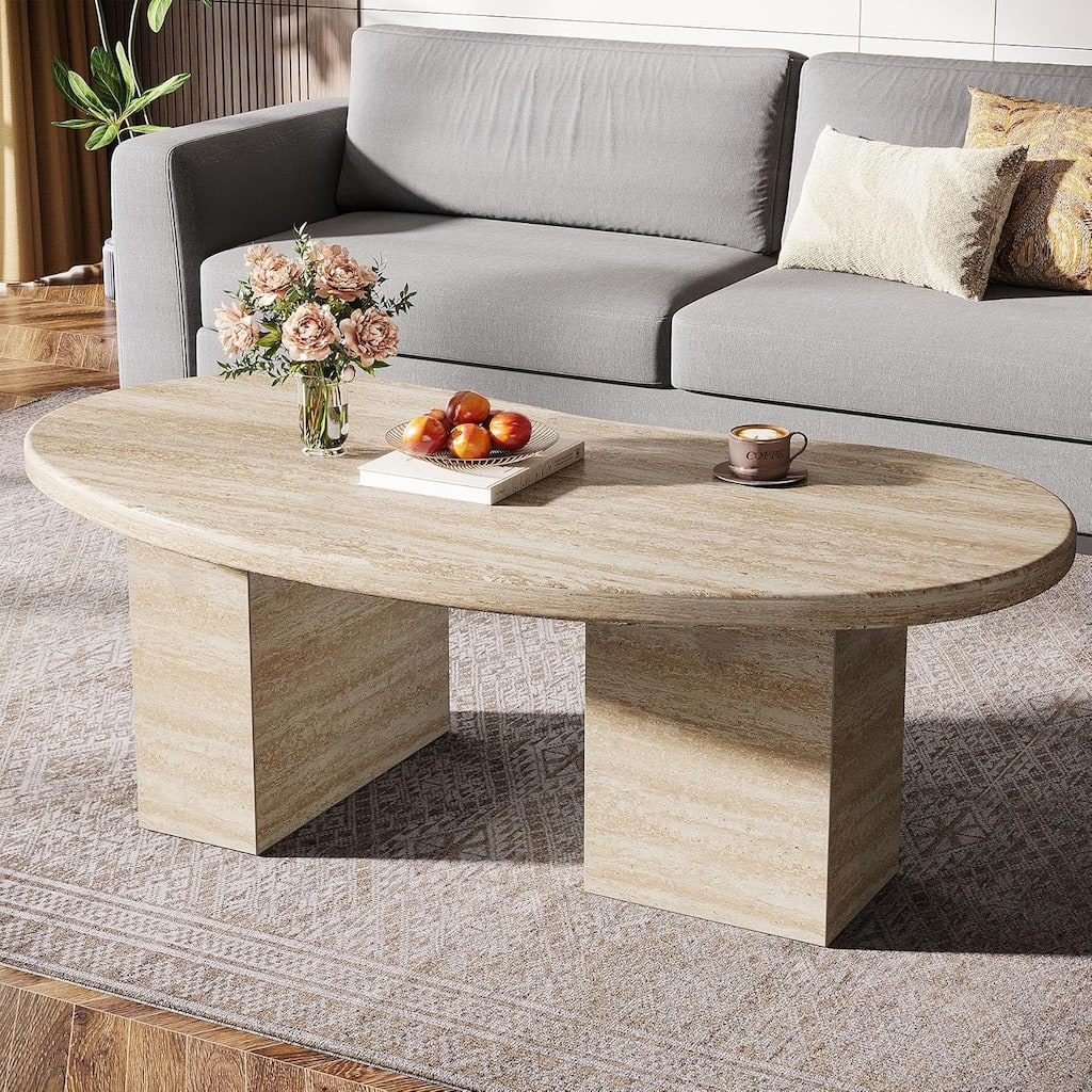 45.28 Inches Oak Wood Modern Oval Coffee Table for Living Room
