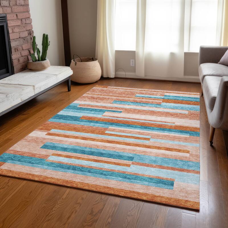 Machine Washable Indoor/ Outdoor Modern Stripes Chantille Rug