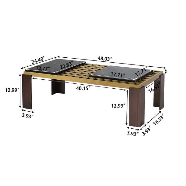 48'' Black and Gold Rectangle Coffee Table with Movable Marble Blocks Tabletop