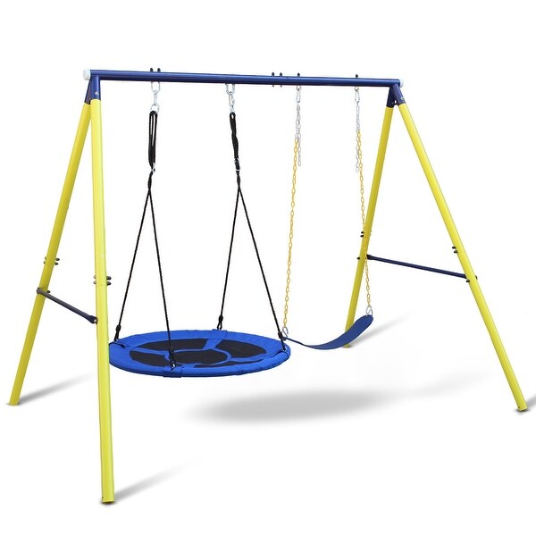 Yellow-Blue Metal Swing Set with Safety Belt for Indoor-Outdoor