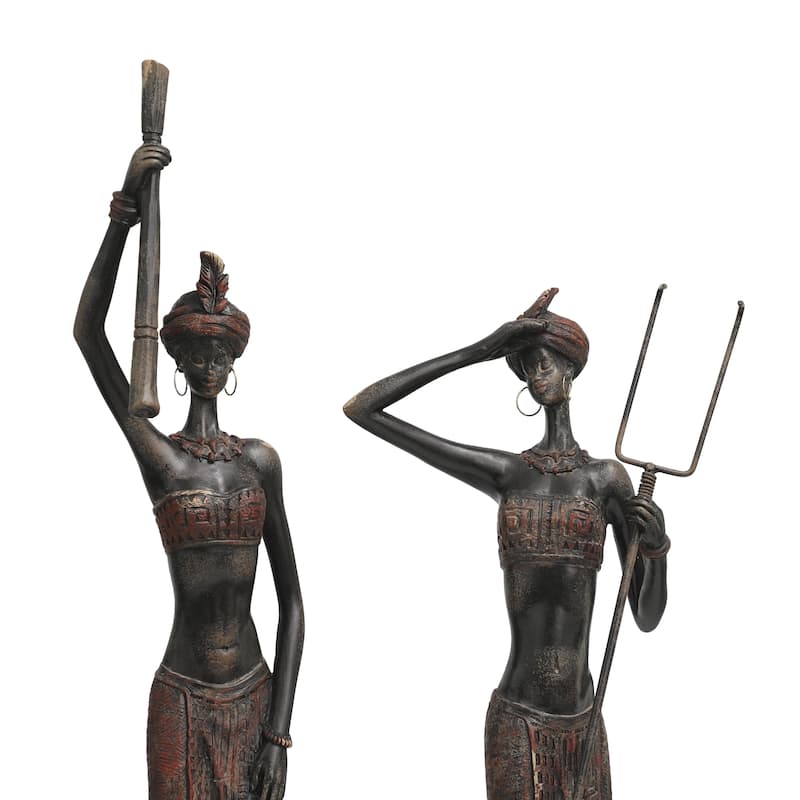 Polystone People Handmade Tall African Women Decorative Sculpture with Carved Dresswear - Set of 2 Red - Roche River Decor