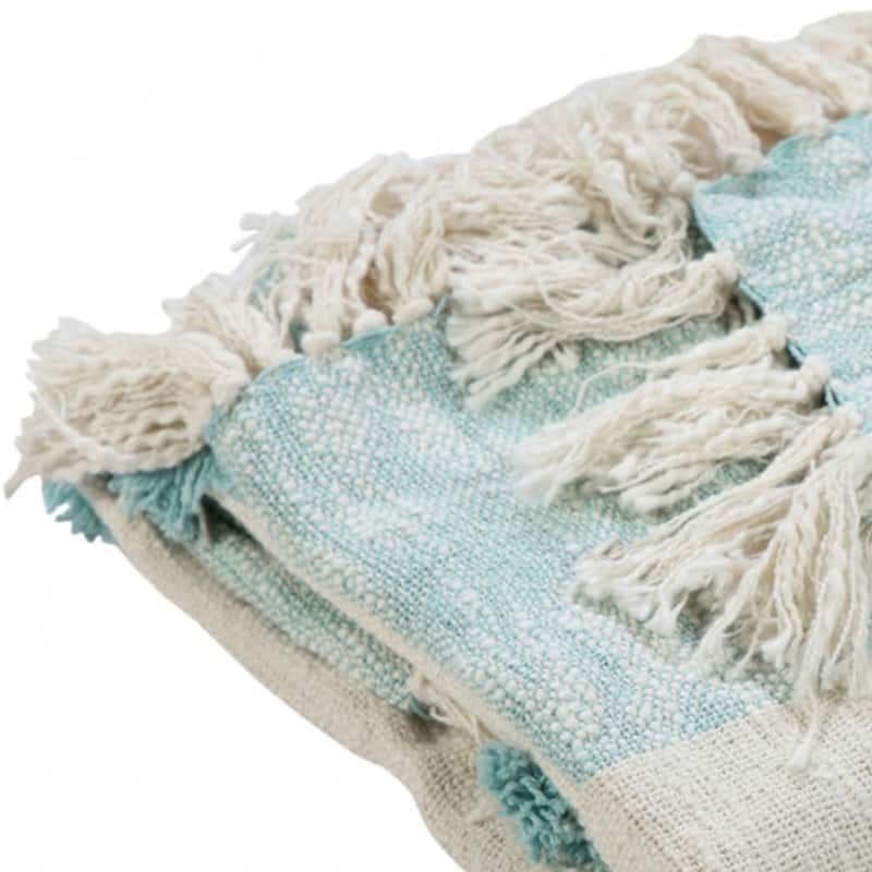 HomeRoots 50" X 60" Aqua And Off White Cotton Woven Geometric Throw Blanket with Fringe