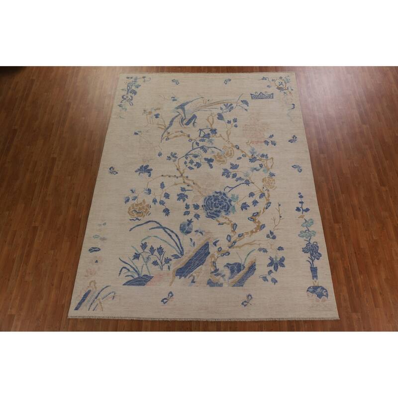 Hand Knotted Oriental 100% Wool Carpet Traditional Floral Beige & Ivories Art Deco Area Rug - 11' 8'' X 8' 11''