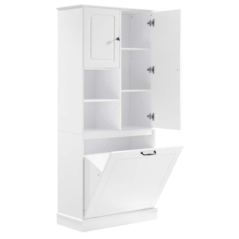 Storage Cabinet with Flip-Out Basket, Bathroom Cabinet with 2 Doors & Adjustable Shelves, Freestanding Floor Cabinet