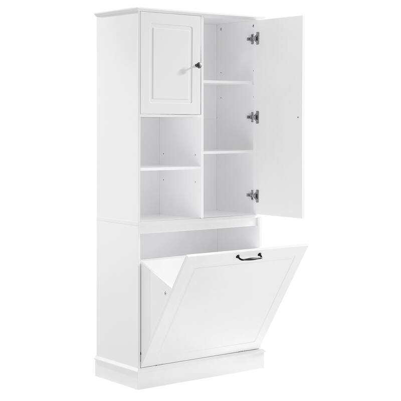 Tall Storage Cabinet with Adjustable Shelves, Large Flip-Out Basket & Enclosed Cabinets