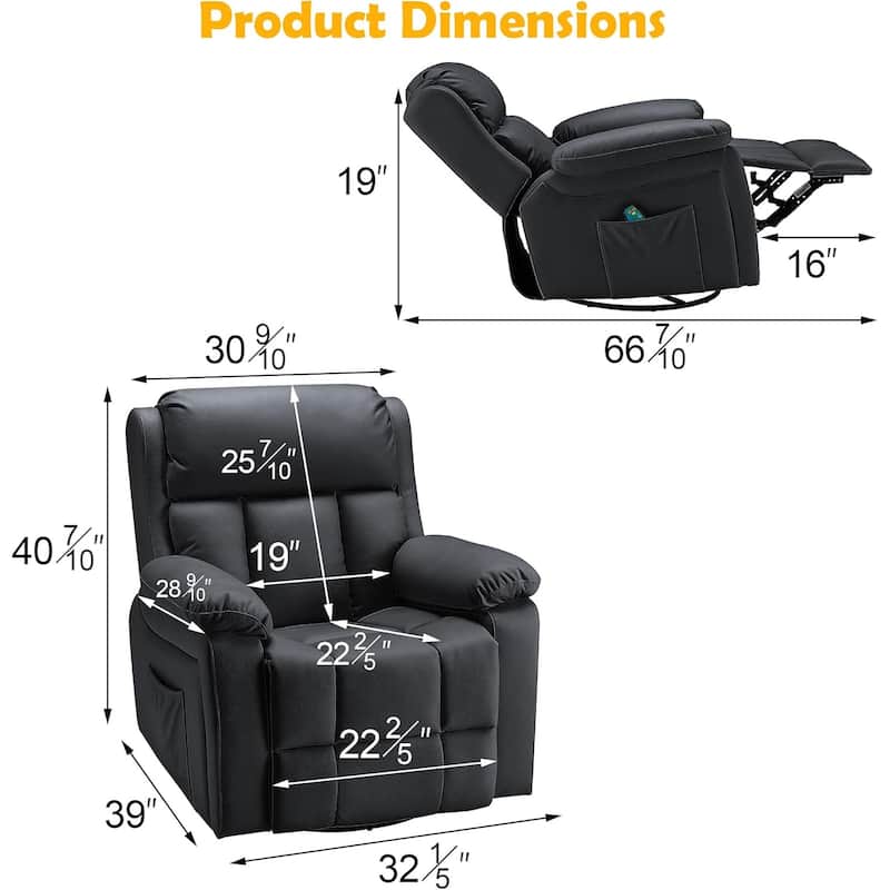 Heated Massage Recliner Chair with 360° Swivel, Rocking Feature, and Side Pocket for Living Room