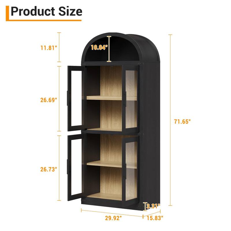71" Tall Arched Bookshelf - Wooden Bookcase Storage Cabinet Rounded Display Storage Shelves Cabinet