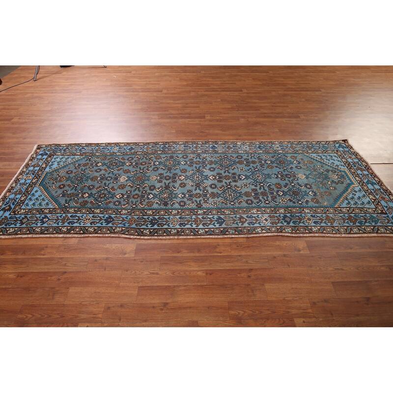 Blue Hamedan Persian Vintage Runner Rug Hand-Knotted Wool Carpet - 3'4" x 9'2"