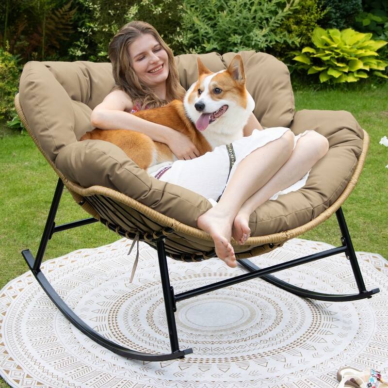 FINCATI Indoor Outdoor Royal Papasan Rocking Chair, 450 lbs Capacity Outdoor Papasan Rocking Chair with Padded Cushion