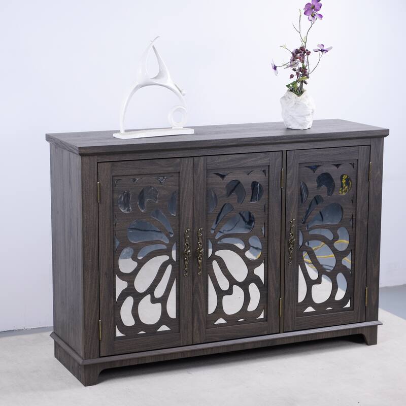 Spacious size countertop Sideboard with 3 mirrored doors adjustable shelves buffet cabinet, storage cabinet for living room