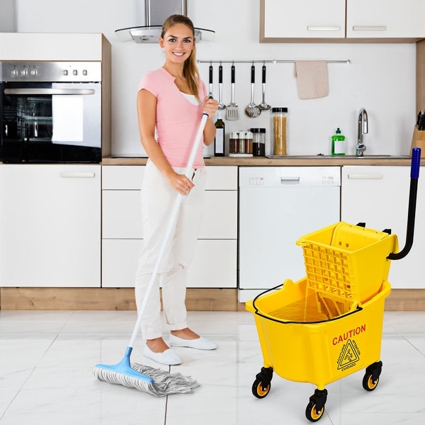 Yellow Commercial Mop Bucket with Side Press Cleaning Wringer Portable Trolley on Wheels Home Cleaning Cart