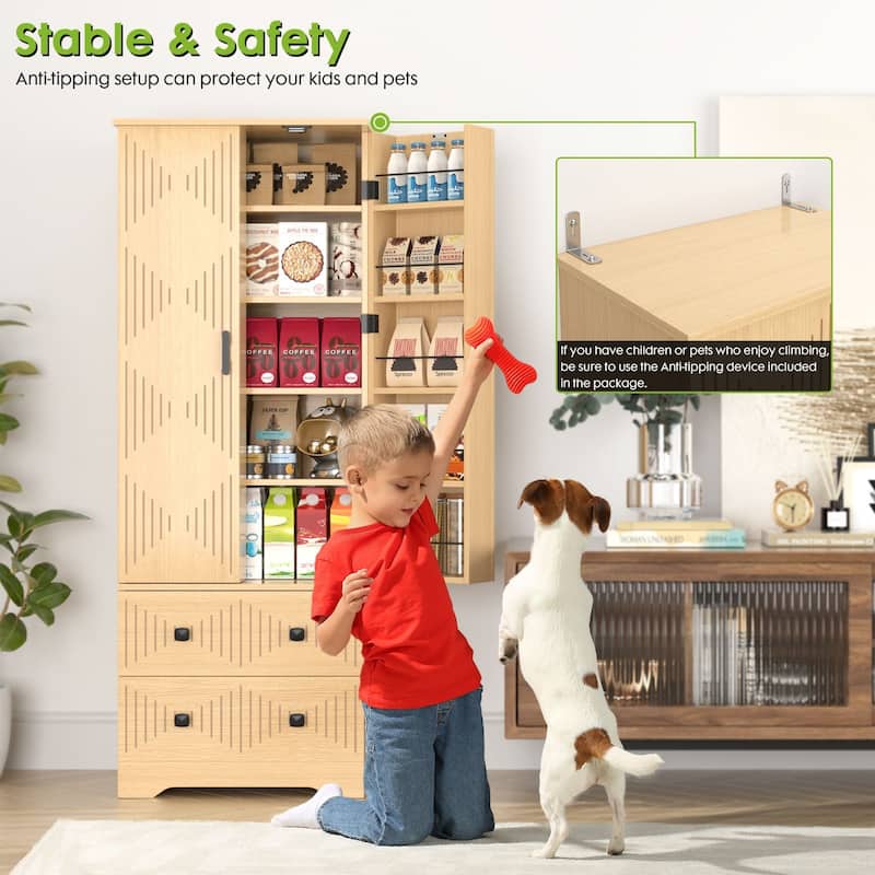 Gymojoy Farmhouse Pantry Cabinet with Drawer & Shelves, Kitchen Storage Cupboard for Dining Room, Living Room, Bathroom