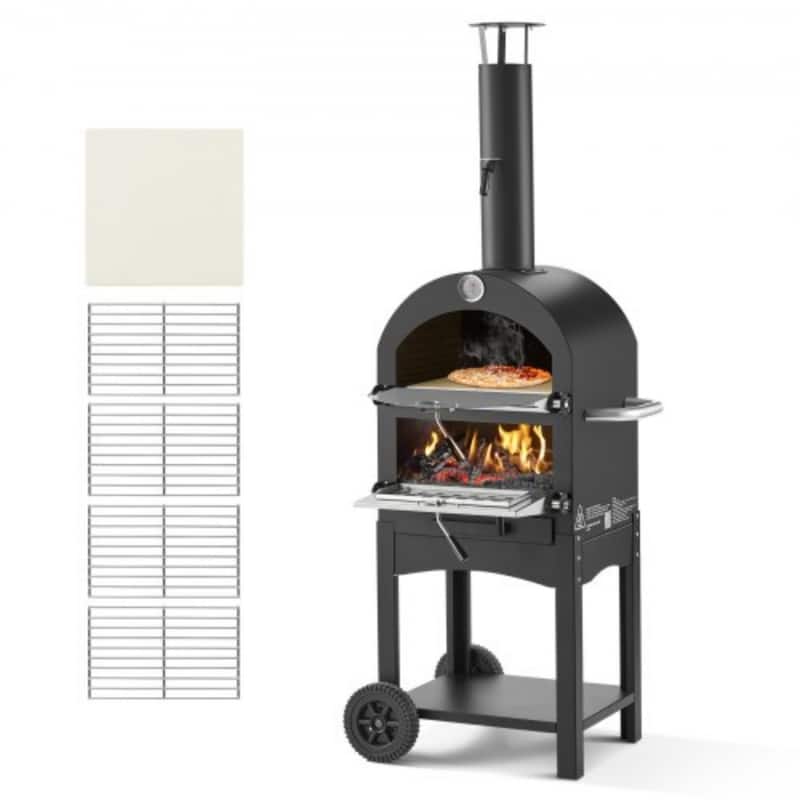 Black 12 inch Pellet Fire Outdoor Pizza Oven with Iron Shell and Mobile Wheels - 17.5 x 21.3 x 55.9 inch