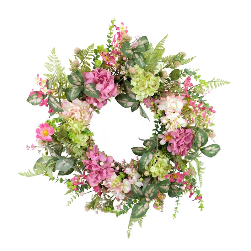 Dogwood and Hydrangea Artificial Floral Spring Wreath - 26" - Pink and White