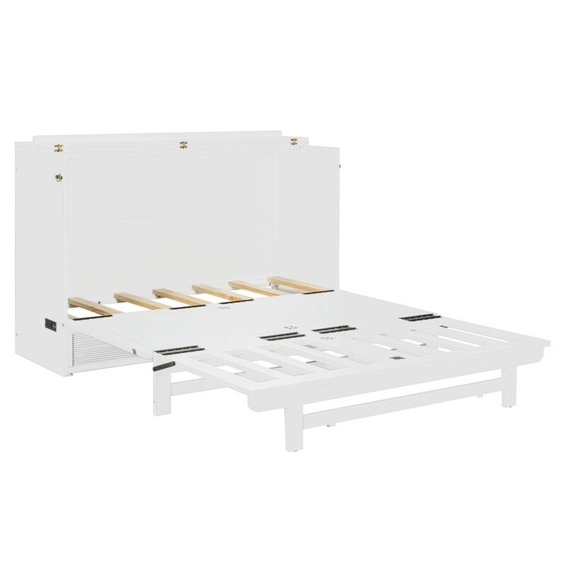 Full/Queen Size Murphy Bed with a Large Storage Drawer, Modern Wall Bed Foldable Murphy Cabinet Bed with USB Ports and Outlets