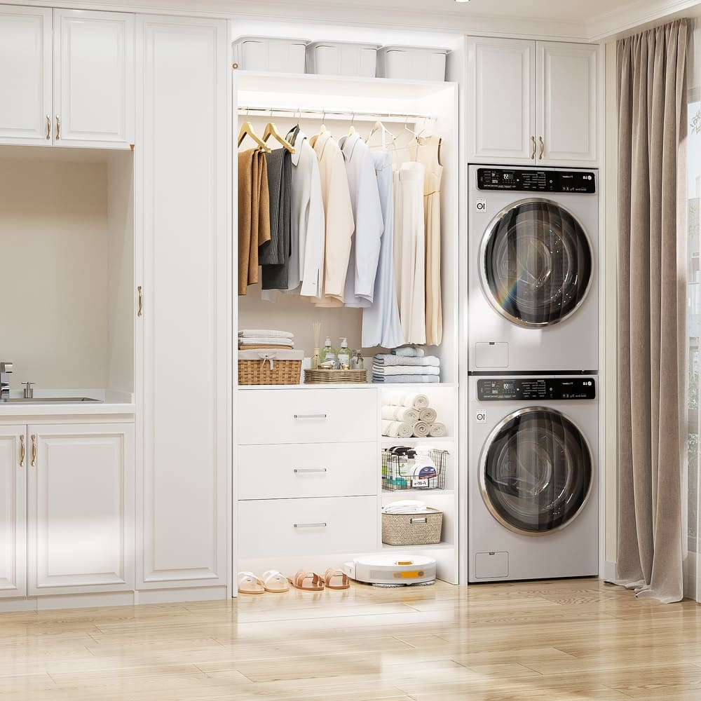 Cimly 30''-120'' W Freestanding Closet System with Hanging Rod, Closet Organizer with Drawers and Shelves