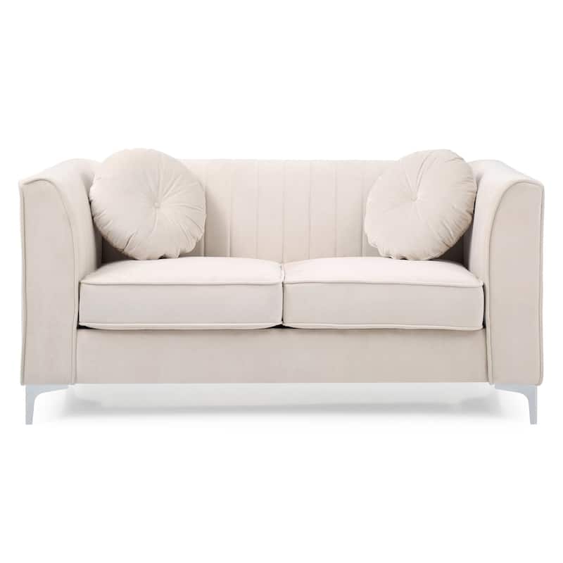 Velvet Microsuede Channel Tufted Loveseat with Throw Pillows - 65" - Beige