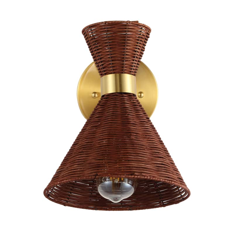 Kiawah 10" 1-Light Mid-Century Vintage Retro Rattan/Metal LED Sconce with Adjustable Shade, by JONATHAN Y