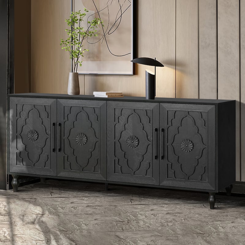 Carved Flower Door Large Storage Cabinet Sideboard Buffet - Black